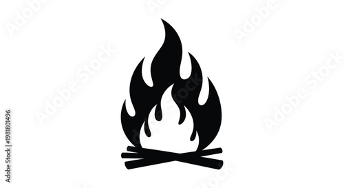 A striking black silhouette of a campfire with flickering flames and logs silhouette