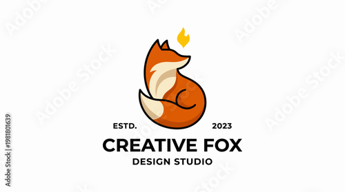 An eye-catching logo of a sitting fox with a flame, symbolizing creativity, cleverness, and a modern aesthetic that aligns with design or branding studios.
