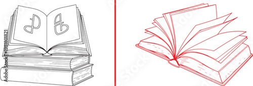 Vector line art illustration of open books and a stack of textbooks for education and literacy concepts