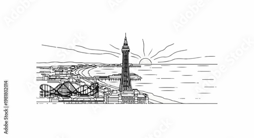 Seaside tower with roller coaster and sun setting over the ocean