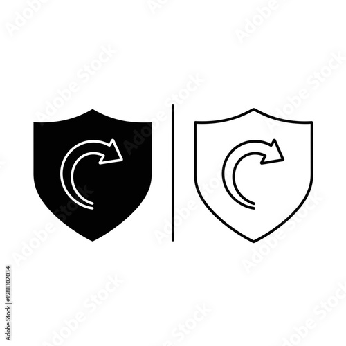 Shield icon with circular arrow security and reset function symbol black and white security