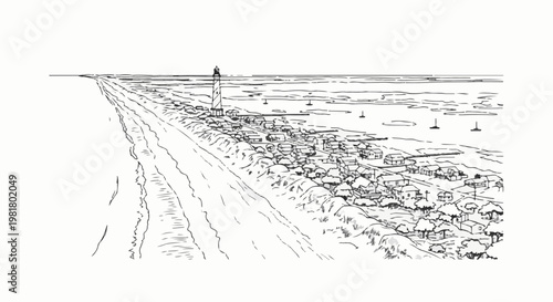 Seaside village with a lighthouse by the ocean and a beach