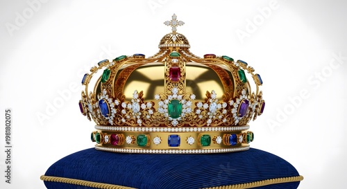 Ornate gold crown with jewels on blue velvet