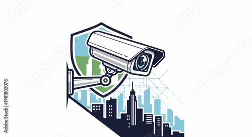Security camera surveillance over urban cityscape with shield emblem