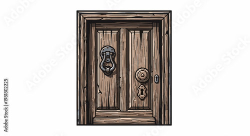 Rustic wooden double door with ornate knocker and keyhole