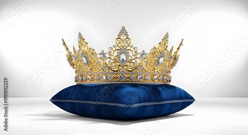 Golden crown with jewels on blue velvet pillow