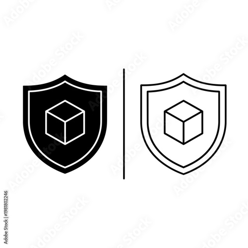 3D cube box shield icon for product protection and package security with protection, security
