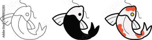 Koi Fish Icon Set, Japanese Carp Vector Illustration in Outline Solid and Color Style