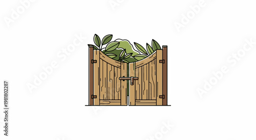 Rustic wooden double gates with lush green foliage overflowing