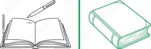 Minimalist vector illustration set of an open book with a pen and a closed book in line art style for education and writing concepts