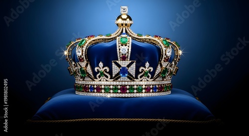 Luxurious crown with jewels on blue velvet pillow royalty