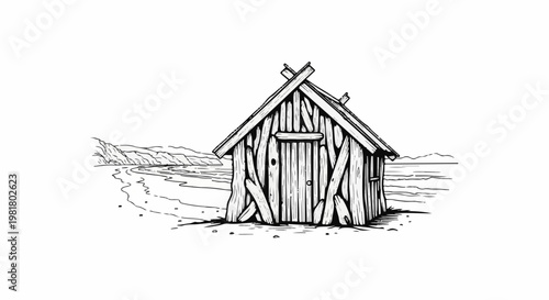 Rustic wooden hut on a sandy beach with gentle waves and distant hills