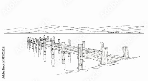 Rustic wooden pier stretches into calm water, with distant hills under sky