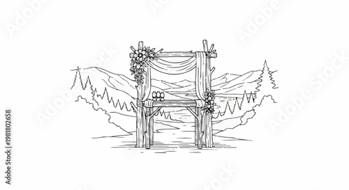 Rustic wooden wedding arch adorned with flowers and drapery, set against a scenic mountain backdrop