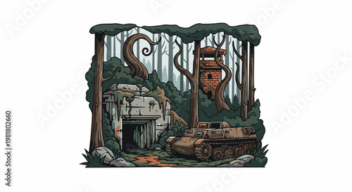 Rusty tank parked near overgrown bunker in a spooky forest