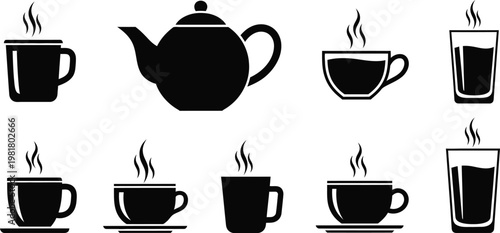 Variety of tea and coffee containers with steam illustrations Vector