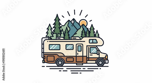 RV camping trip with mountains, trees, and sun in background
