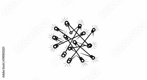 Scattered array of simplistic light bulbs connected by lines, some with emanating rays