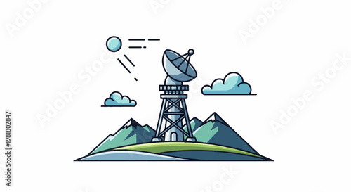 Satellite dish on a tower in a mountainous landscape with clouds and sun
