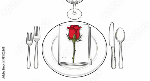 Romantic dinner setting with red rose on folded napkin, cutlery
