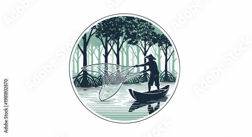 Silhouette fisherman casting net from boat in mangrove forest at dawn