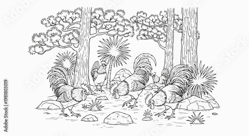 Roosters foraging among trees and rocks