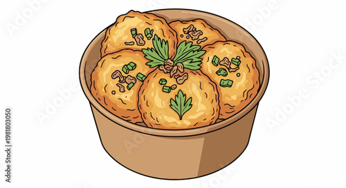 Round golden fried snacks in a takeout bowl, garnished with green herbs and crispy toppings