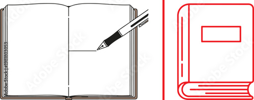 Vector illustration of an open notebook with a fountain pen and a closed book icon for education and writing concepts