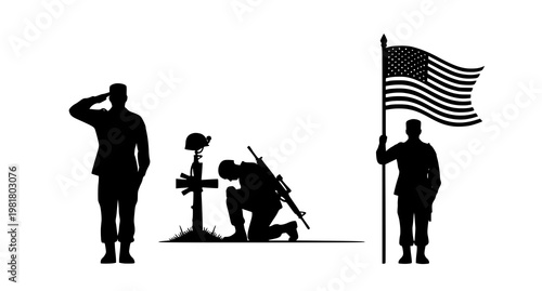 Photos Military memorial scene with soldiers and flag silhouette, american fla