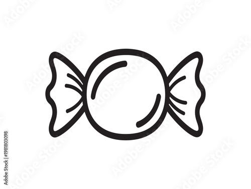 Simple black and white line drawing of a wrapped candy isolated on white background