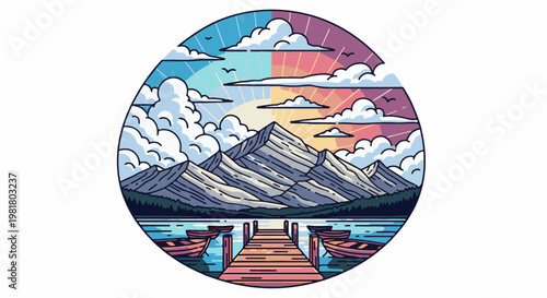 Serene mountain lake scene with a wooden pier and boats at sunrise