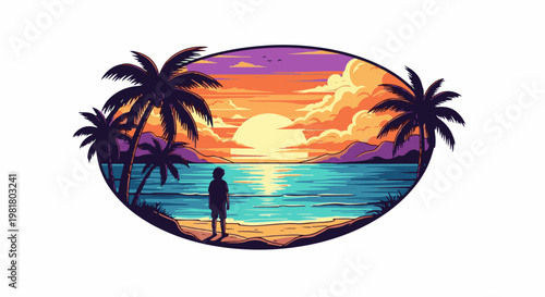 Pixelated tropical sunset with a lone figure watching the ocean and palm trees