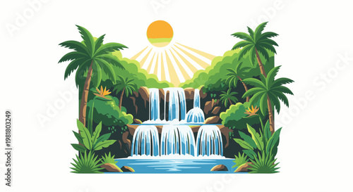Pixelated tropical waterfall with sun rays shining through palm trees