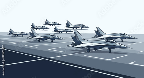 Pixelated fighter jets lined up on a runway with a bright sky