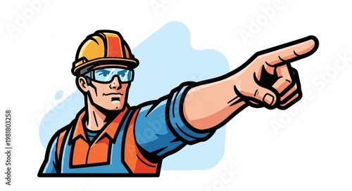Cartoon Construction Worker Pointing to Direction Confident.