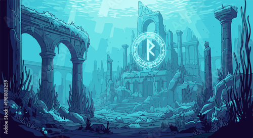 Pixelated underwater ruins with glowing Nordic rune symbol