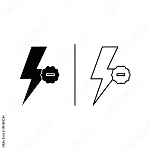Lightning bolt minus sign icon set in solid and outline styles with lightning subtract negative