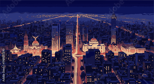 Pixelated urban skyline at night with illuminated buildings and city lights