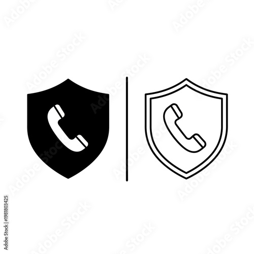 Telephone handset inside a shield icon set for customer support protection with telephone, security