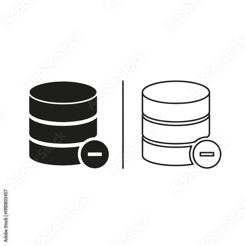 Database removal icon set representing deletion or subtraction of data records with database