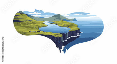 Pixelated island with grassy hills, a calm bay, and dramatic cliffs into the ocean