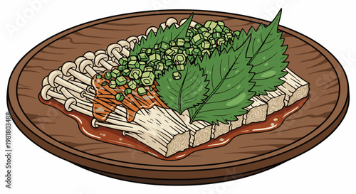 Plate of enoki mushrooms and tofu with green garnish and sauce