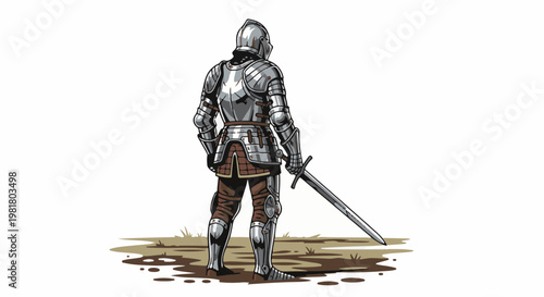 Pixelated knight in full armor, holding a sword, stands on muddy ground
