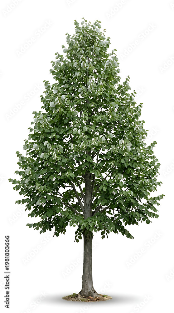 Fototapeta premium Vibrant lush green tree standing tall with full foliage, isolated on a clean white background