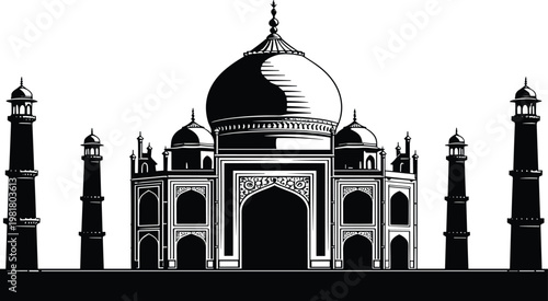 Taj Mahal Landmark Black and White Vector Illustration Icon Isolated on White Background for India Travel Tourism and Architectural Design Assets
