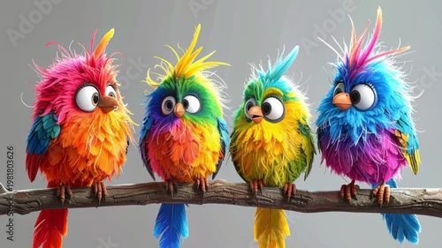 Colorful parrots perched on a branch in a tropical setting with bright feathers, illustrated in a simple cartoon style