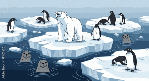 Polar bear and penguins on icebergs with seals in water
