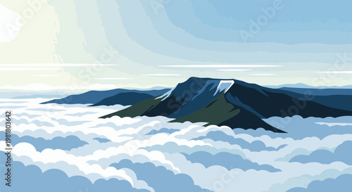Pixelated mountain peaks emerge from a sea of soft, blue-tinted clouds