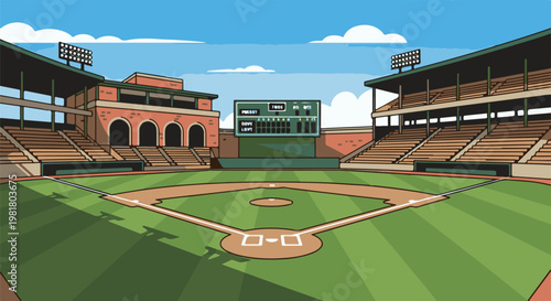 Pixelated baseball stadium with empty stands under a blue sky with clouds