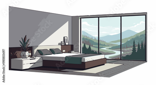Pixelated bedroom with a scenic mountain river view through large windows